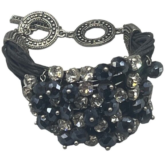 bracelet beaded strings silver color black clear circle 7.5" READ - Picture 1 of 7